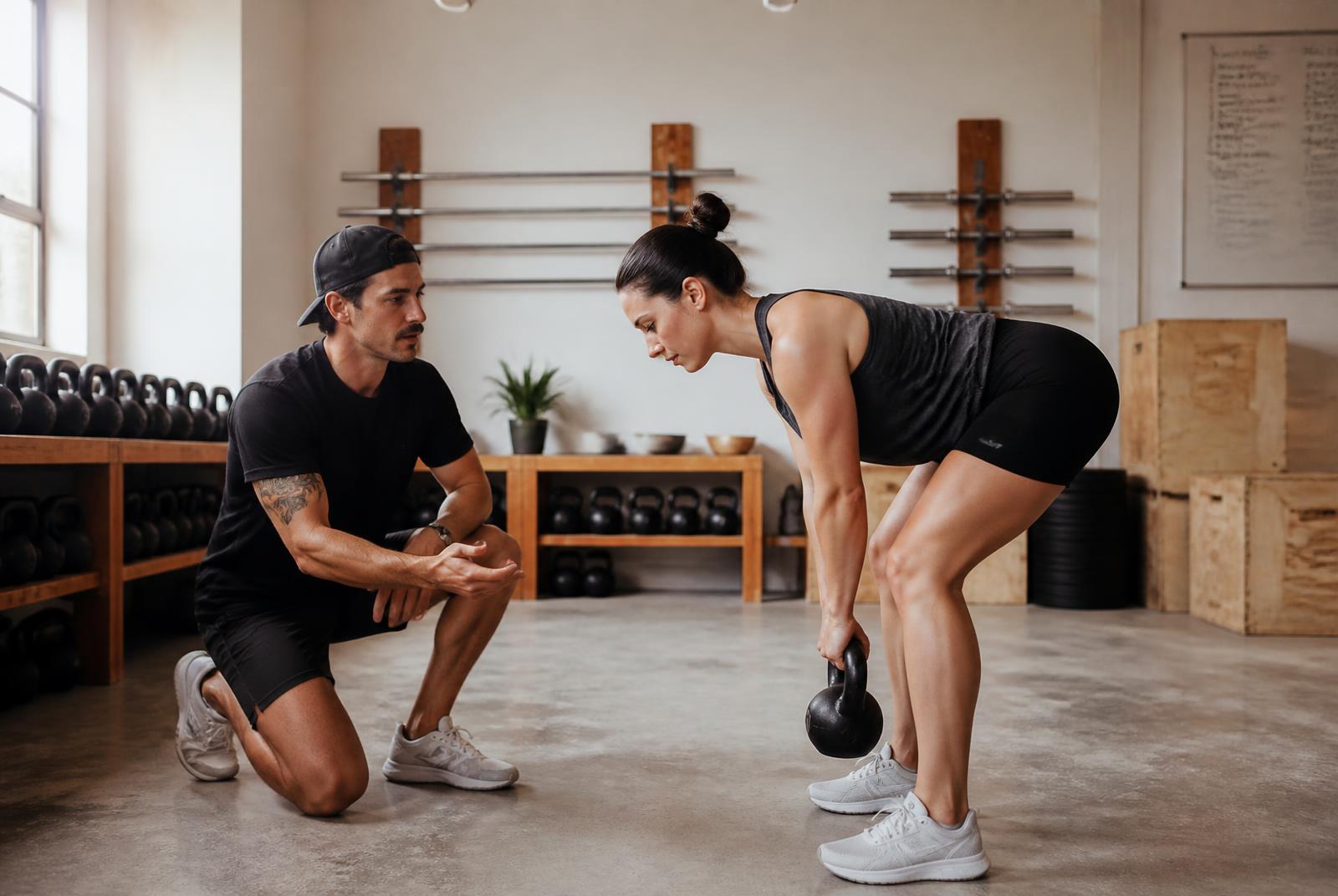 Marcus coaching a client through a kettlebell hinge